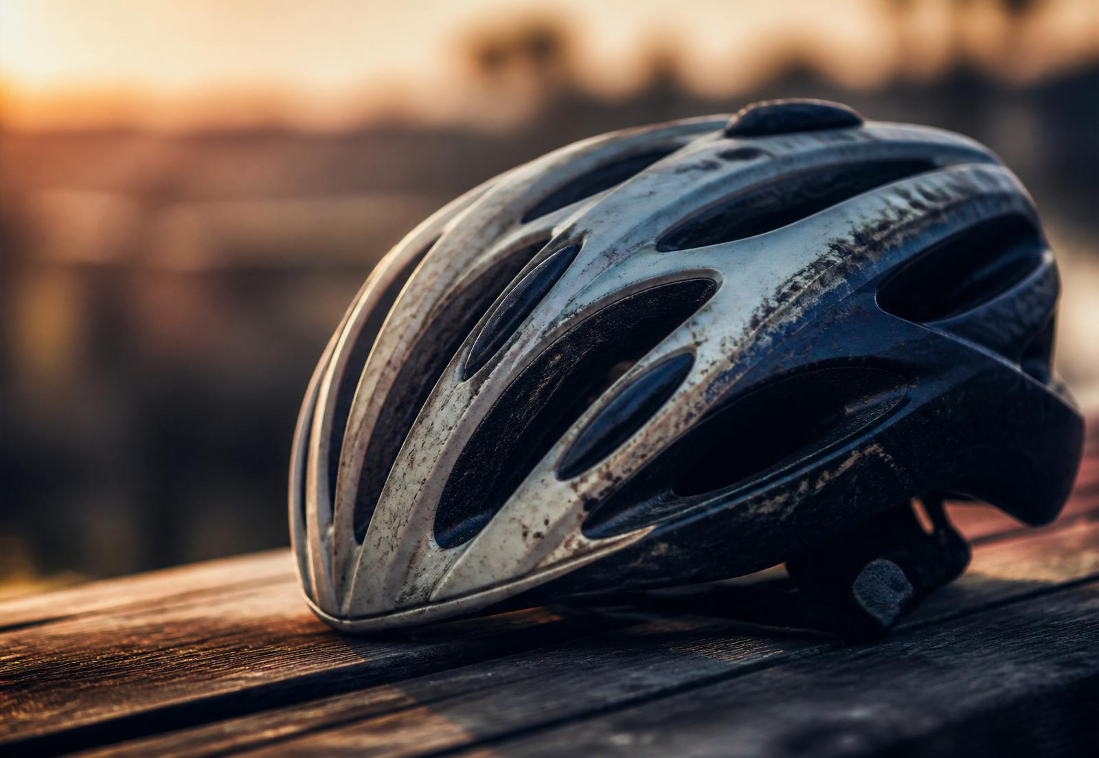 A weathered cycling helmet resting in golden morning light