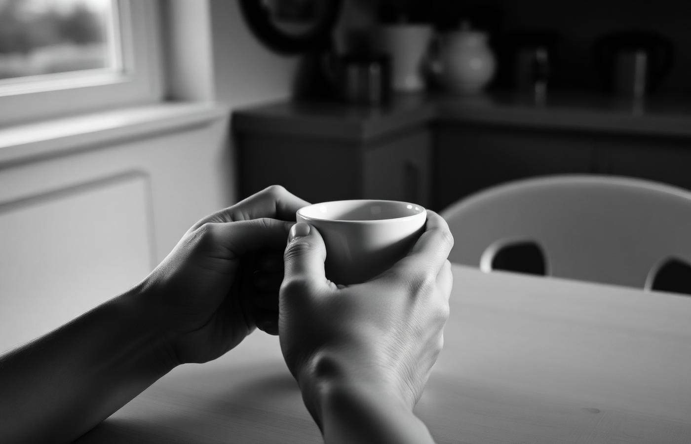 A quiet portrait of hands holding a coffee cup at a kitchen table